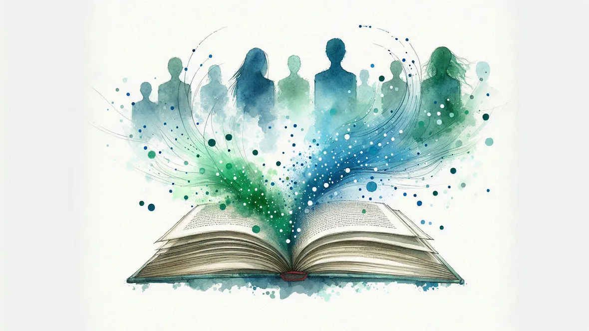 En illustration över en bok och skuggor av människor.