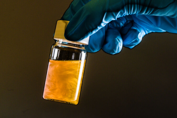 Close-up of flask containing gold shimmering fluid.