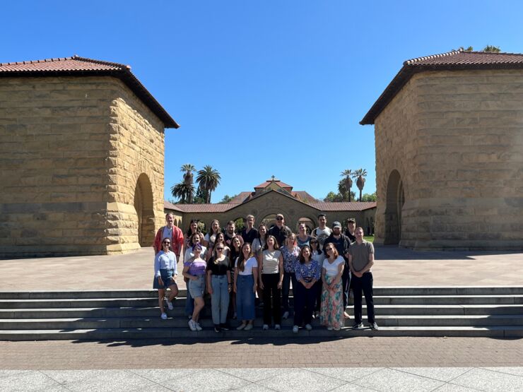 Forum Scientium member in front of the church at the centre of Stanford