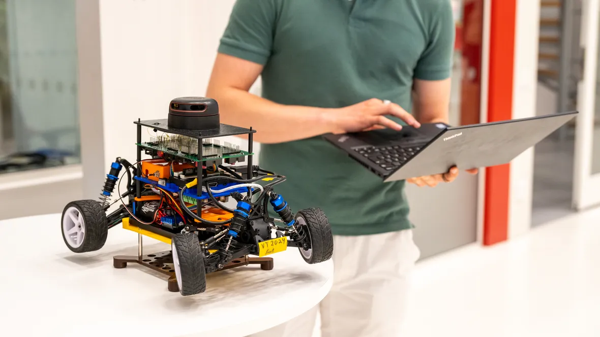 Autonomous robot gets instructions from laptop.