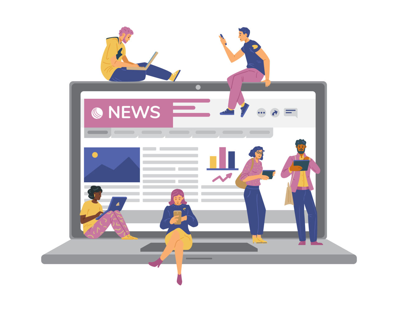 vector illustration of people following news on social media