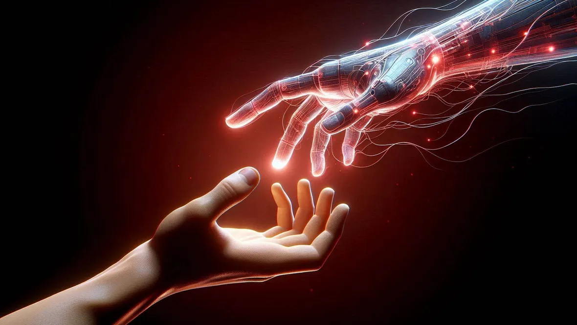 Två händer som strecker mot varandra, AI skapad bild.