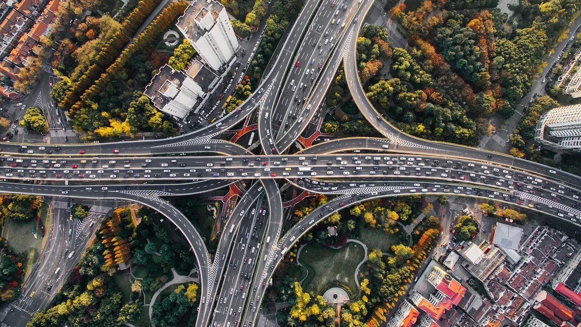 Highway from above with many vehicles