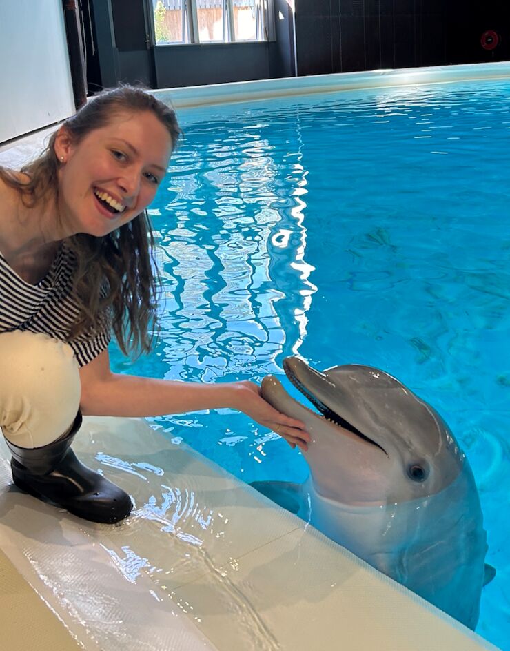 Woman petting happy dolphin on its chin.