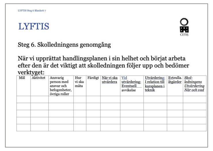 Blankett för skolledningens genomgång.