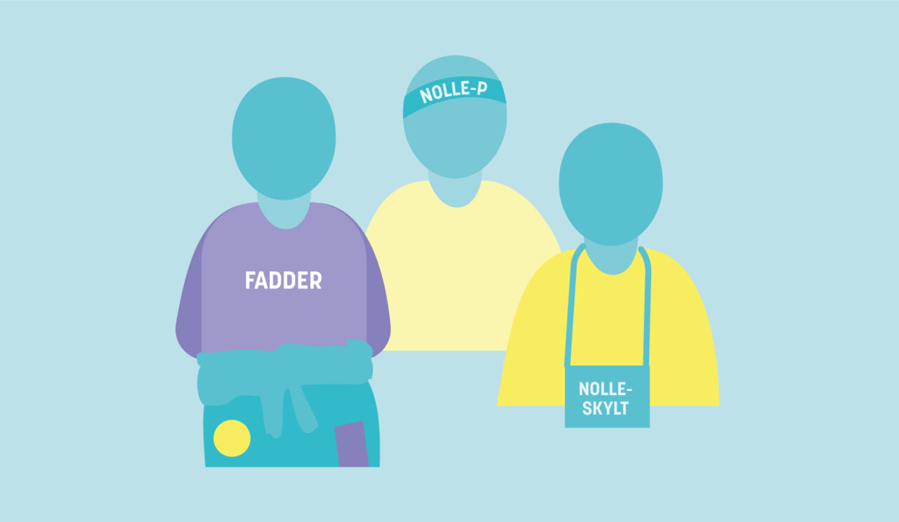 Illustration på två studenter och en fadder på Nolle-p 