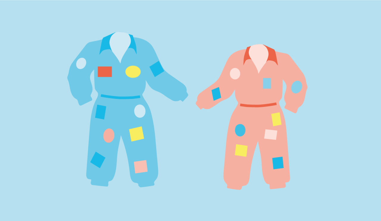 Illustration på två overaller med märken