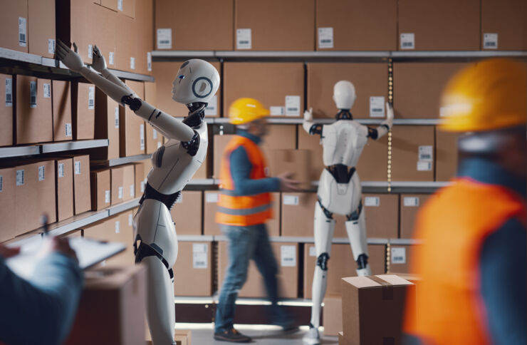 Robots and humans working together in a warehouse. 