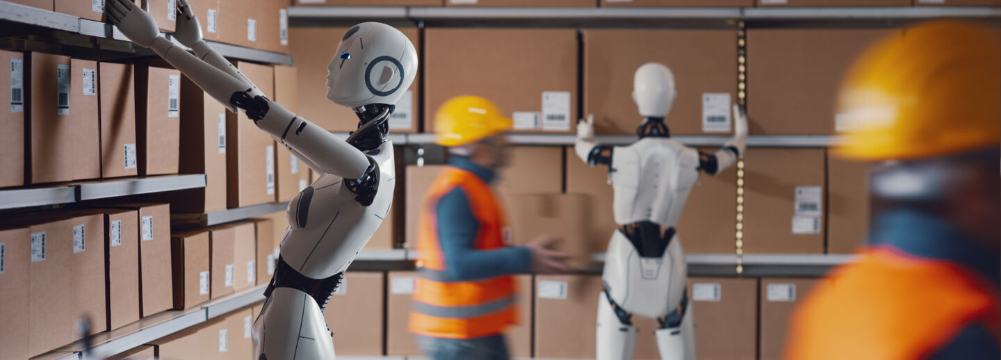 Robots and humans working together in a warehouse. 