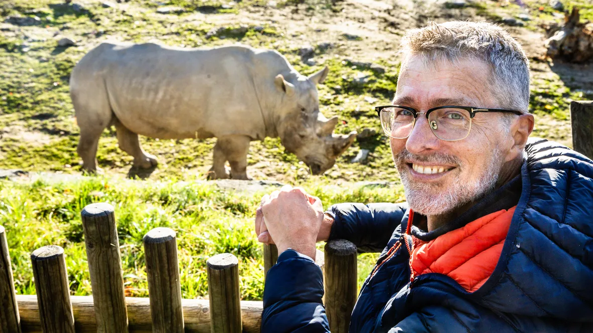 Man (Fredrik Gustafsson) vid staket med noshörning i bakgrunden