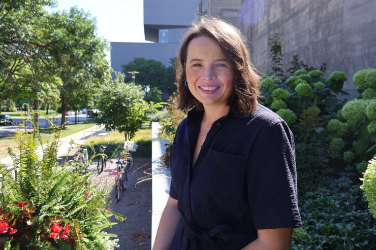 Female researcher on campus.