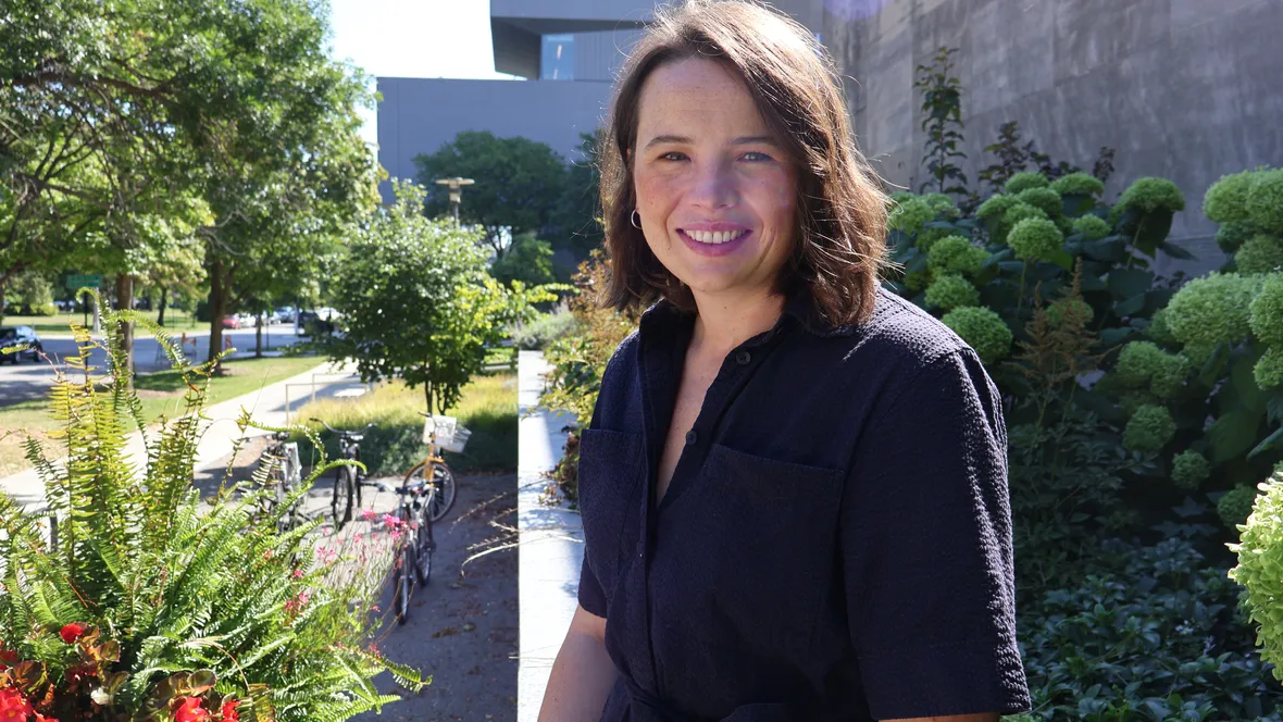Female researcher on campus.