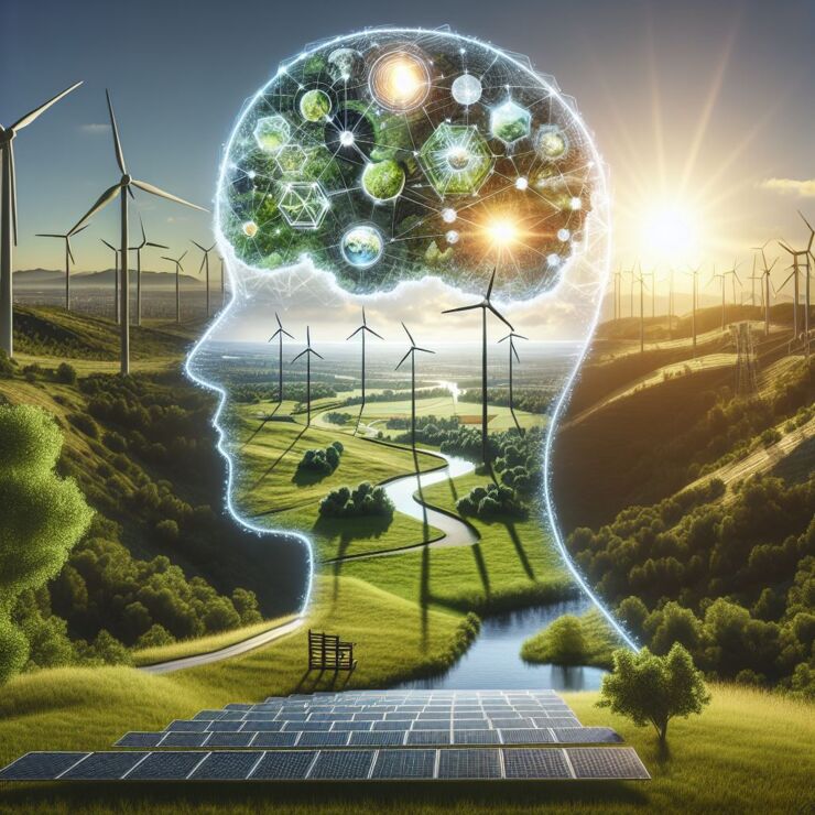 The image illustrates the brain as a renewable energy source, symbolizing its potential for continuous innovation and creativity.