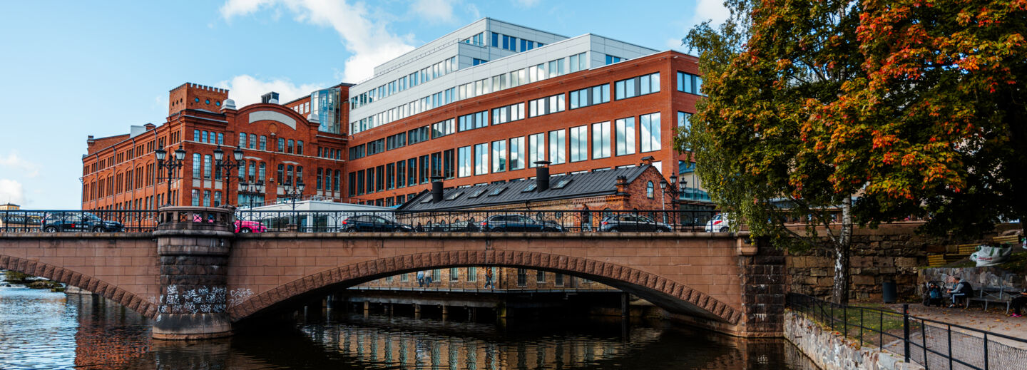 Water in front of a bridge and a building. Blue skies and a tree in autumn colours.