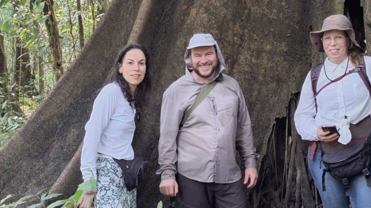 Researchers in front of a tree in a forest