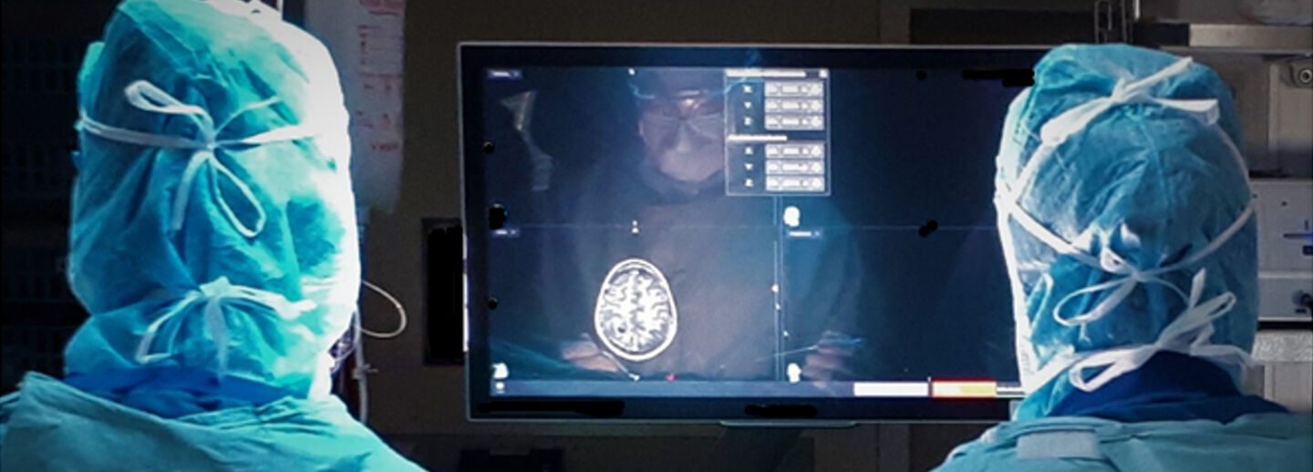 Two doctors is standing in front of a screen where a disection of a brain is visible.