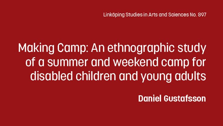  En röd framsida till en avhandling med texten Making Camp: An ethnographic study of a summer and weekend camp for disabled children and young adults