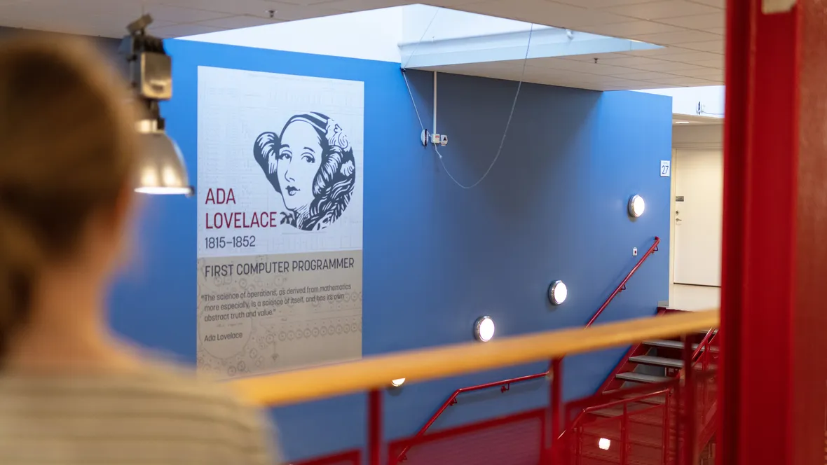 Stairwell with image Ada Lovelace in the background
