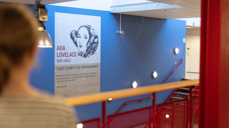 Stairwell with image Ada Lovelace in the background