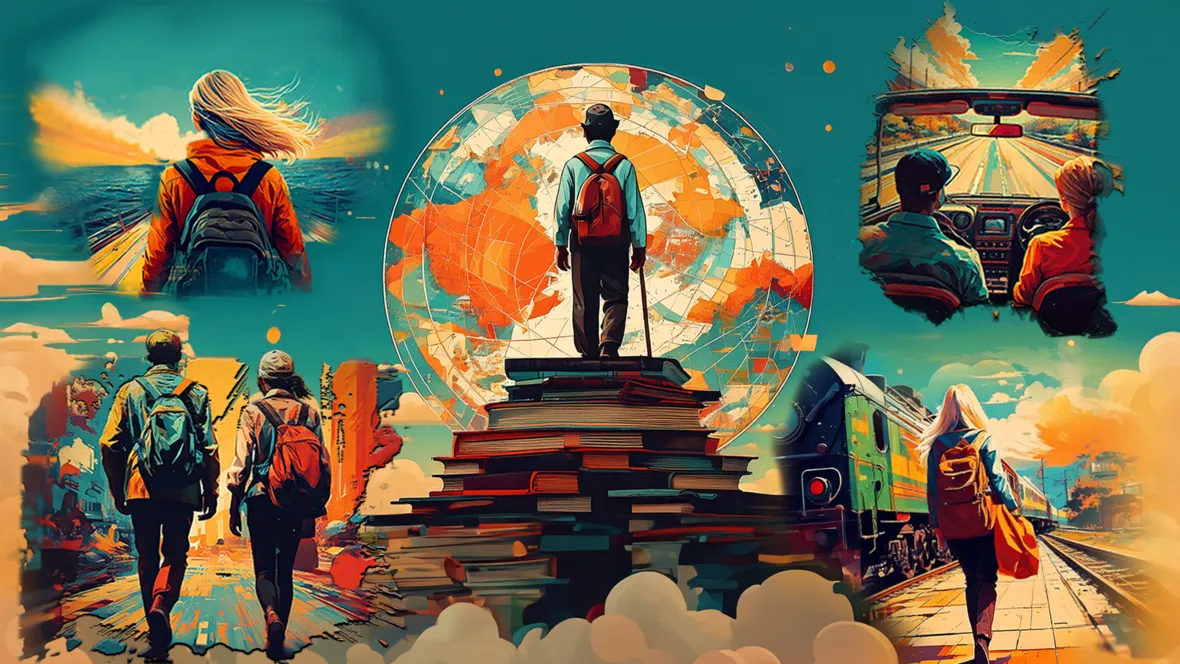 AI-generated illustration. People seen from behind using different methods of travel. In the middle an old man stands on top of a mountain of books, staring at the horizon.