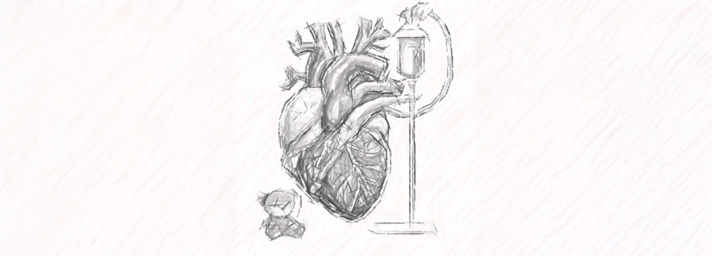 Image in sketched format with human hearts getting treatment and a teddybear sitting next to it