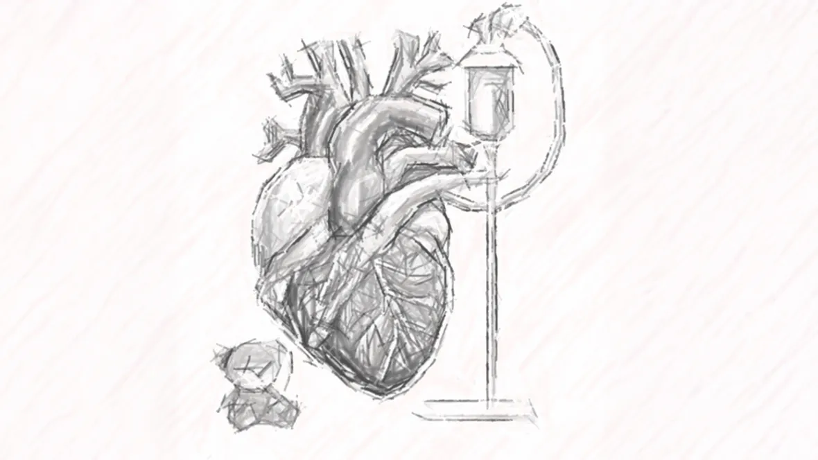 Bild i skissat format med människohjärta som får behandling och en liten nalle brecvid